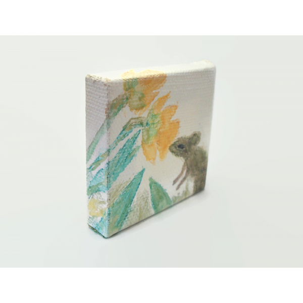 Tiny Pencil and Watercolor Painting of Mouse and Flowers  2"x2" Art with Easel
