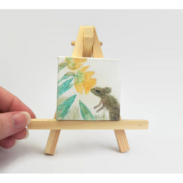 Small Pencil and Watercolor Painting of Mouse and Flowers  2"x2" Art with Easel