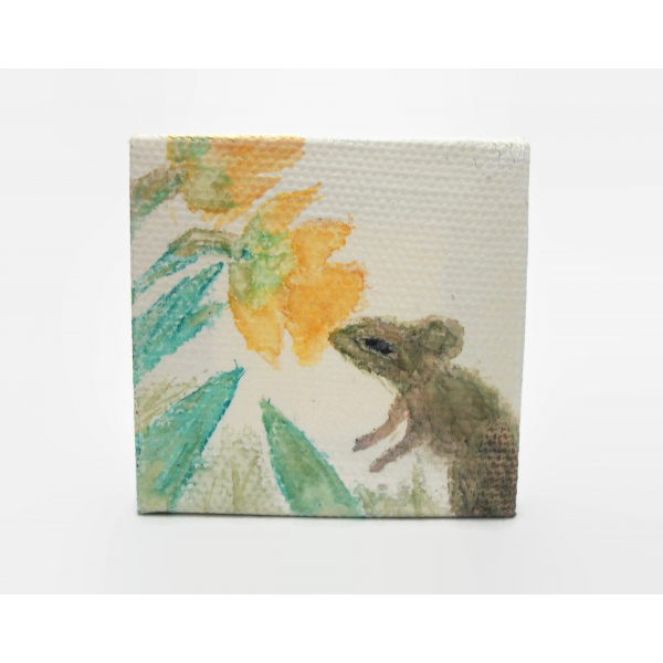 Small Pencil and Watercolor Painting of Mouse and Flowers  2"x2" Art with Easel