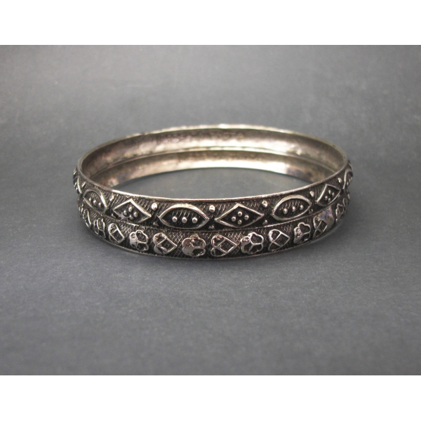 Vintage Set of Two Silver Tone and Black Bangle Bracelets Made in India