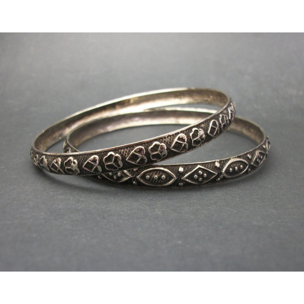 Vintage Set of Two Silver Tone and Black Bangle Bracelets Made in India