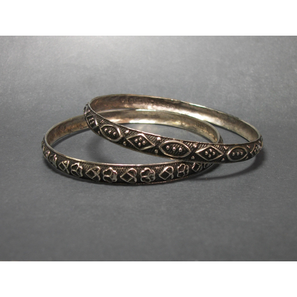 Vintage Set of Two Silver Tone and Black Bangle Bracelets Made in India