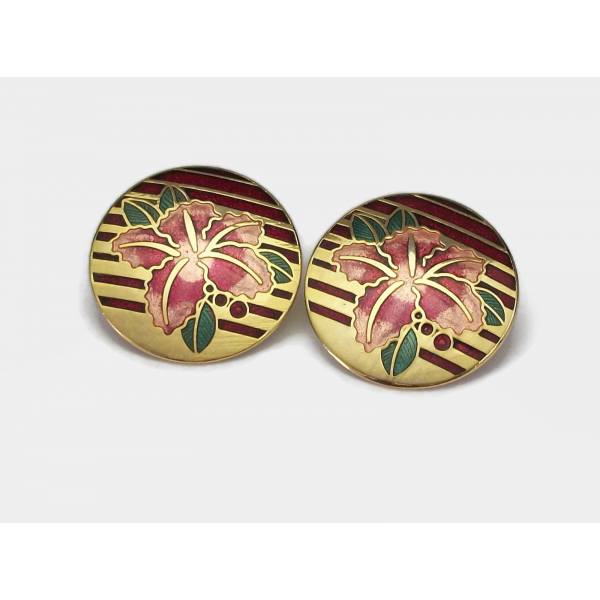 Vintage Cloisonne Lily Earrings Big Round Gold Deep Red Salmon Pink Enamel