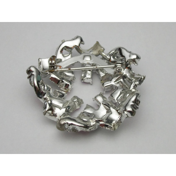 Vintage Silver Tone Pink and Green AB Rhinestone Brooch