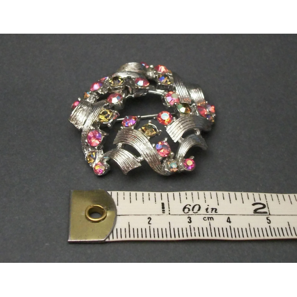 Vintage Silver Tone Pink and Green AB Rhinestone Brooch