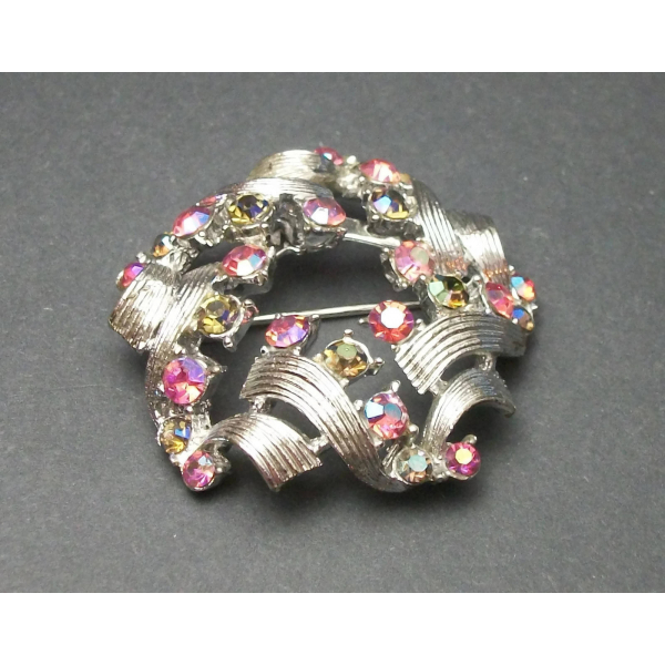 Vintage Silver Tone Pink and Green AB Rhinestone Brooch