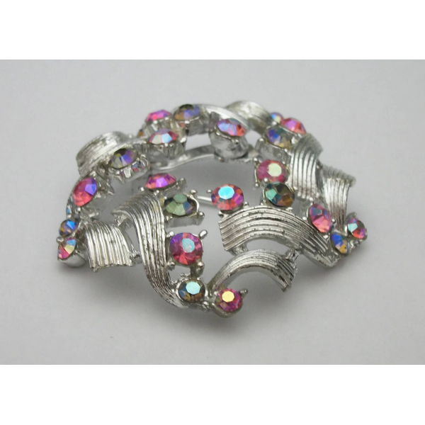 Vintage Silver Tone Pink and Green AB Rhinestone Brooch