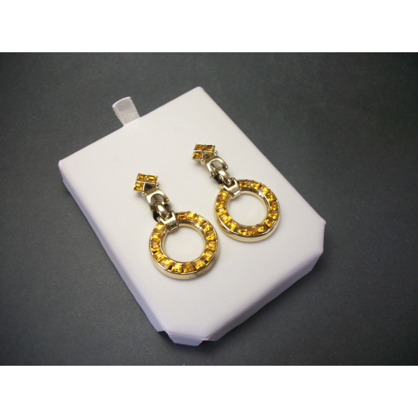 Vintage Topaz Rhinestone Hoop Dangle Clip on Earrings with Adjustable Screws