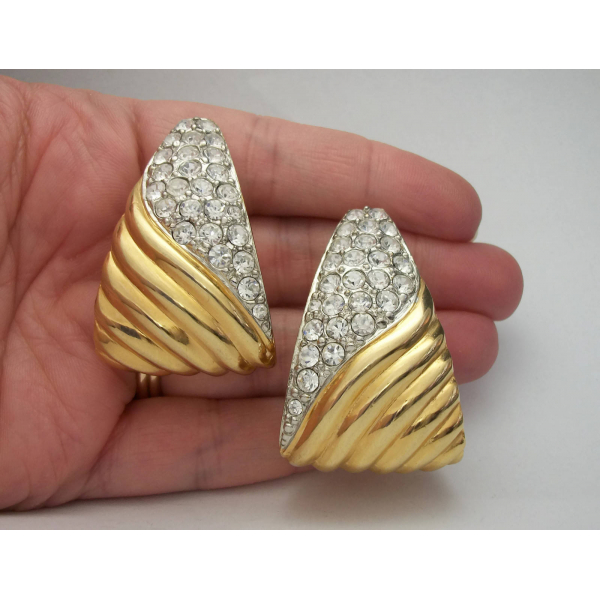 Vintage Les Bernard Big Gold Pave Clear Crystals Clip on Earrings ...