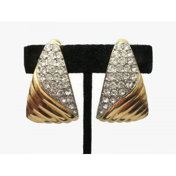 Vintage Les Bernard Big Gold Tone and Pave Clear Crystals Clip on Earrings