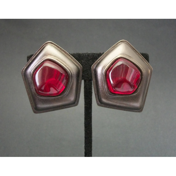 Vintage Signed Yves Saint Laurent Clip on Earrings Big Gunmetal Red Gripoix YSL