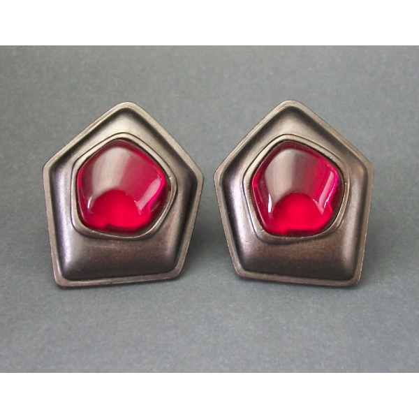 Vintage Signed Yves Saint Laurent Clip on Earrings Big Gunmetal Red Gripoix YSL