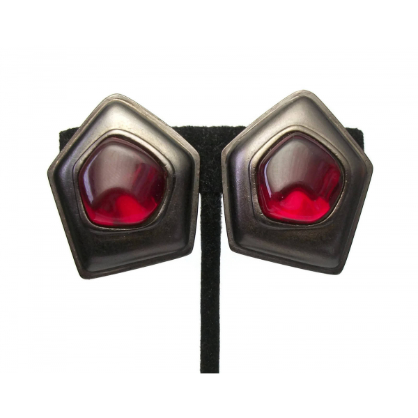 Vintage Signed Yves Saint Laurent Clip on Earrings Big Gunmetal Red Gripoix YSL