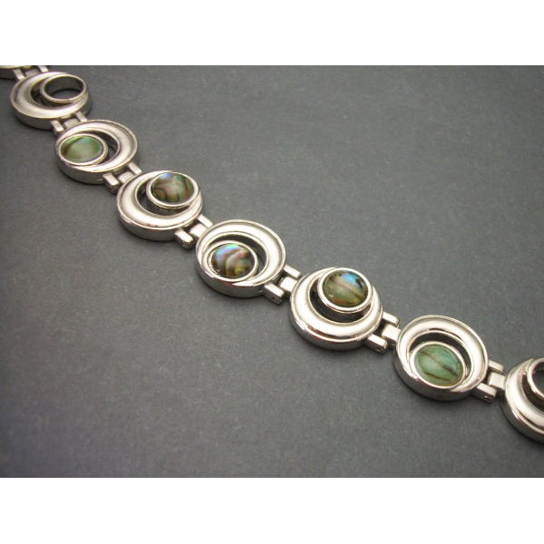Abalone and Silver Bracelet Peacock Blue Green Cabochons Geometric Circles