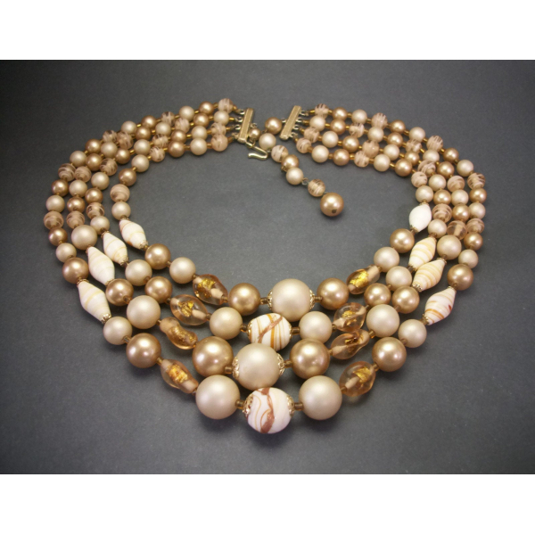 Vintage 1950s Four Strand Glass & Plastic Bead Necklace Pale Beige Gold