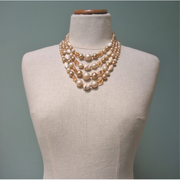 Vintage 1950s Four Strand Glass & Plastic Bead Necklace Pale Beige Gold