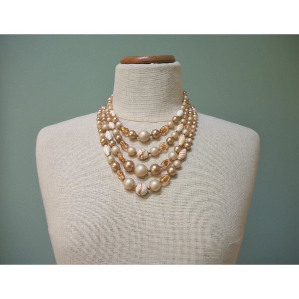 Vintage 1950s Four Strand Glass & Plastic Bead Necklace Pale Beige Gold