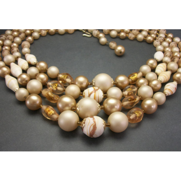 Vintage 1950s Four Strand Glass & Plastic Bead Necklace Pale Beige Gold