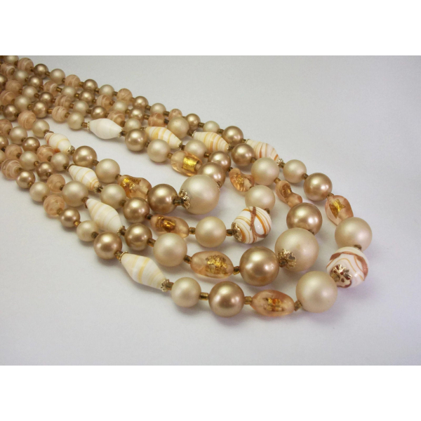 Vintage 1950s Four Strand Glass & Plastic Bead Necklace Pale Beige Gold
