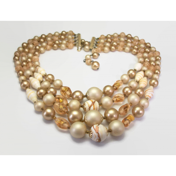 Vintage 1950s Four Strand Glass & Plastic Bead Necklace Pale Beige Gold