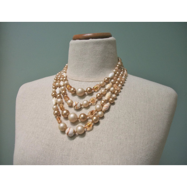 Vintage 1950s Four Strand Glass & Plastic Bead Necklace Beige Gold Tangerine