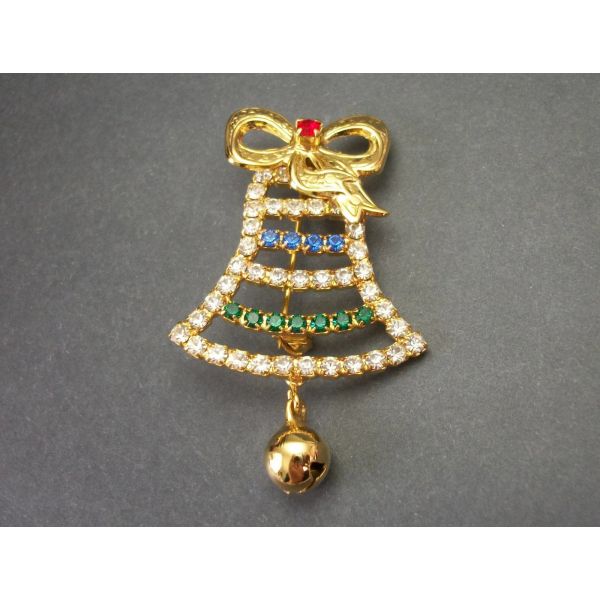 Vintage Rhinestone Jingle Bell Christmas Brooch Gold with Pave Rhinestones