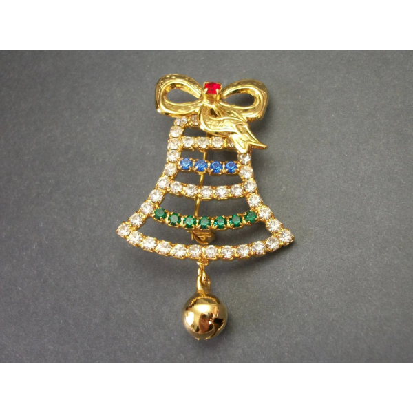 Vintage Rhinestone Jingle Bell Christmas Brooch Gold Tone Lapel Pin Unisex