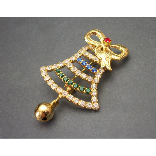 Vintage Rhinestone Jingle Bell Christmas Brooch Gold with Pave Rhinestones