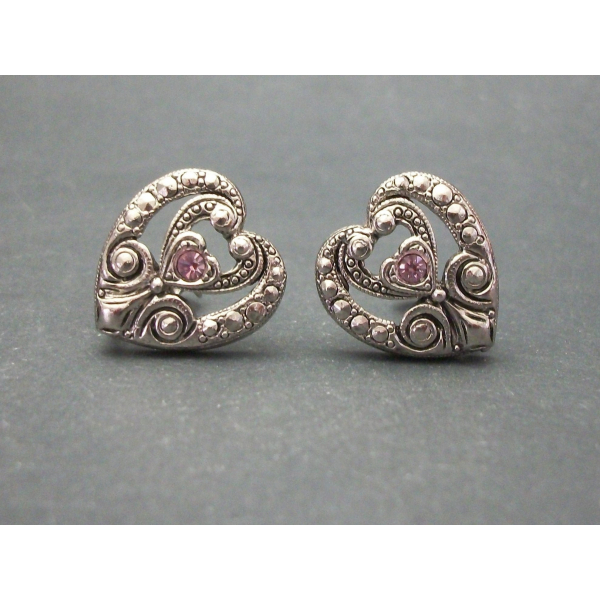 Vintage Avon Silver Faux Marcasite Heart Clip Earrings Purple Rhinestone