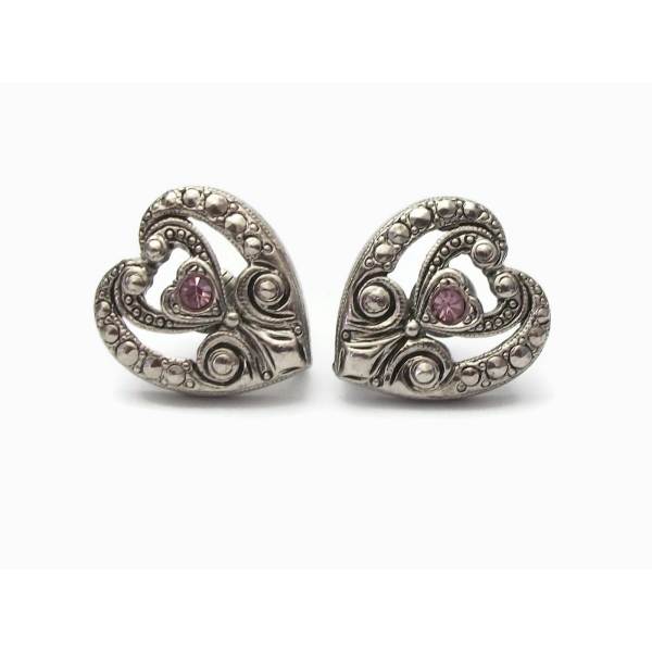 Vintage Avon Silver Faux Marcasite Heart Clip Earrings Faux Amethyst Purple