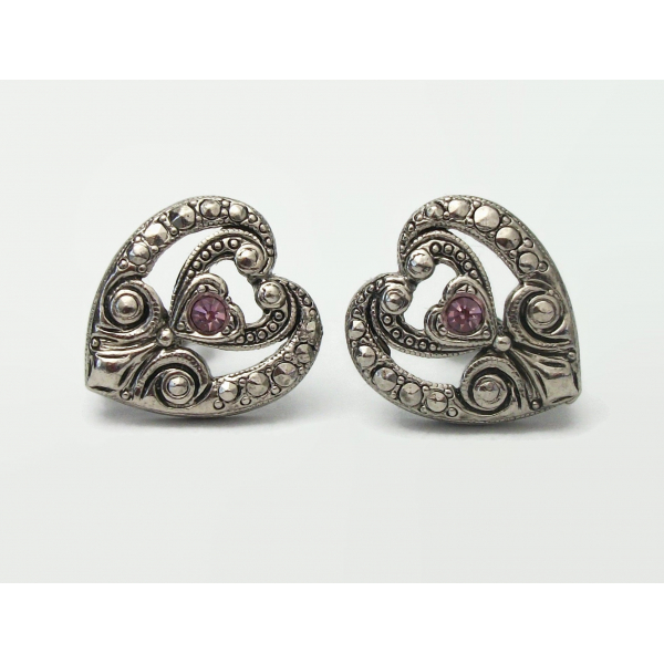 Vintage Avon Silver Faux Marcasite Heart Clip Earrings Elegant Era 90s