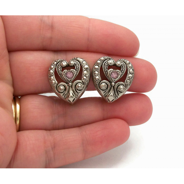 Vintage Avon Silver Faux Marcasite Heart Clip Earrings Purple Rhinestone