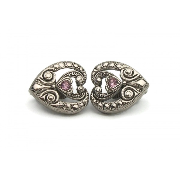 Vintage Avon Silver Faux Marcasite Heart Clip Earrings Purple Rhinestone