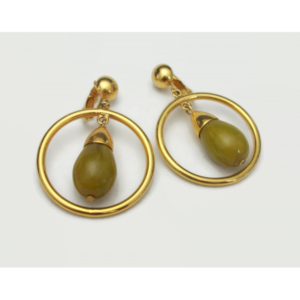 Vintage Clip on Drop Hoop Earrings Gold and Chartreuse Yellow Moss Green