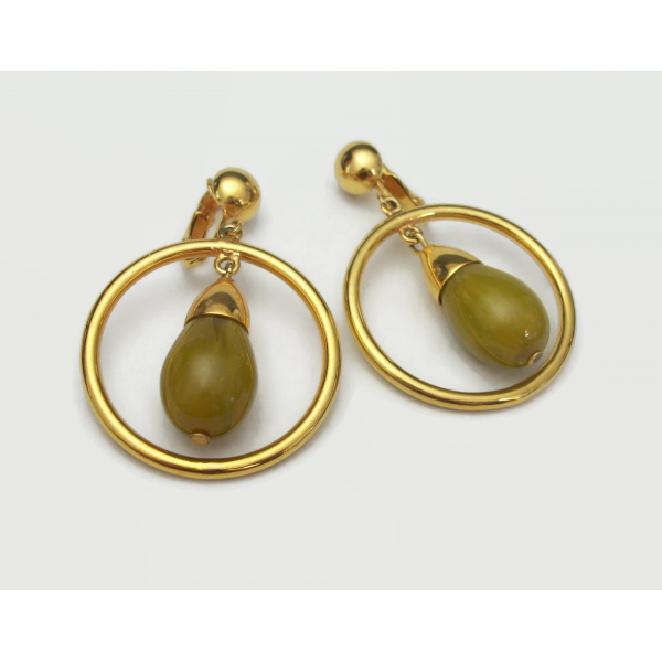 Vintage Clip on Drop Hoop Earrings Gold Tone with Chartreuse Yellow Moss Green