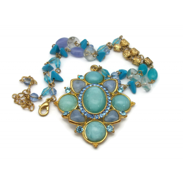 Vintage Blue Moonglow Medallion Pendant Necklace Gold Aqua Turquoise Periwinkle