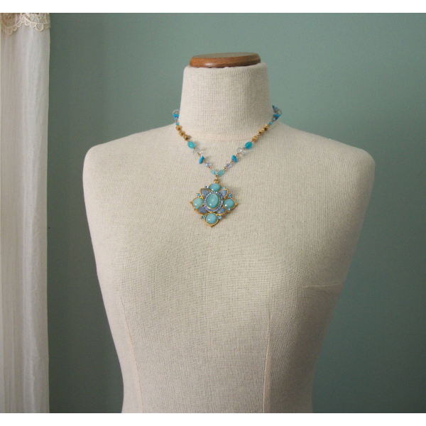 Vintage Shades of Blue Moonglow Big Statement Pendant Necklace