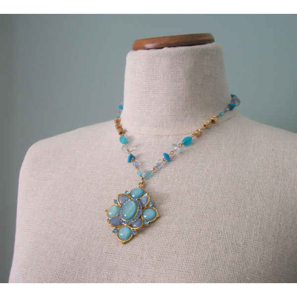 Vintage Blue Moonglow Medallion Pendant Necklace Gold Aqua Turquoise Periwinkle
