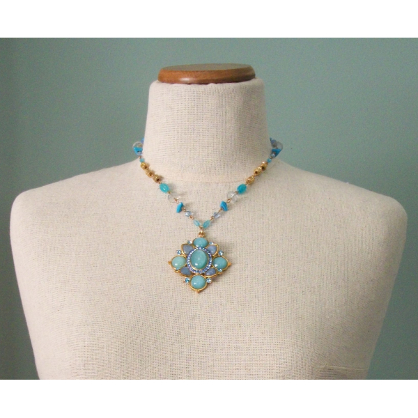 Vintage Shades of Blue Moonglow Big Statement Pendant Necklace