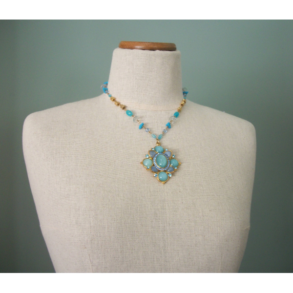 Vintage Shades of Blue Moonglow Big Statement Pendant Necklace