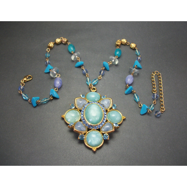 Vintage Blue Moonglow Medallion Pendant Necklace Big Aqua Turquoise Periwinkle