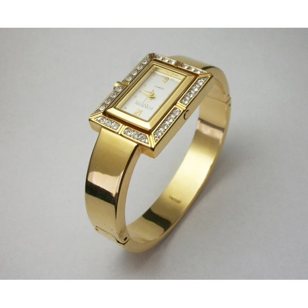 Joan Rivers Gold Pave Crystal Quartz Watch & Reversible Hinged Bangle Bracelet