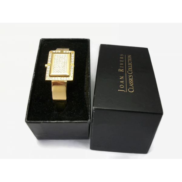 Joan Rivers Gold Pave Crystal Quartz Watch & Reversible Hinged Bangle Bracelet