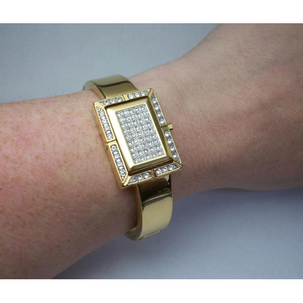 Joan Rivers Gold Pave Crystal Quartz Watch & Reversible Hinged Bangle Bracelet