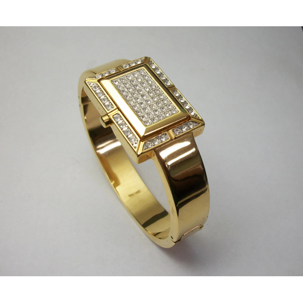 Joan Rivers Gold Pave Crystal Quartz Watch & Reversible Hinged Bangle Bracelet