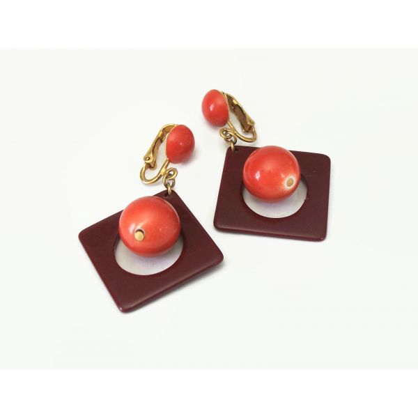 Vintage Burnt Orange and Mahogany Brown Dangle Clip on Earrings Geometric