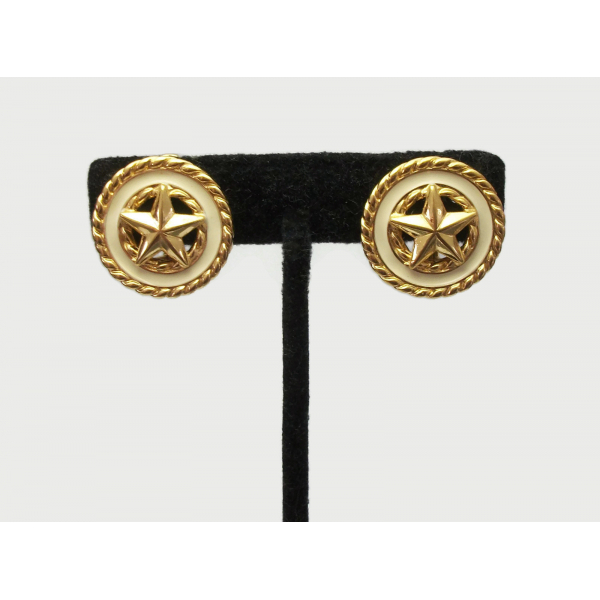 Monet white and gold round star clip on earrings