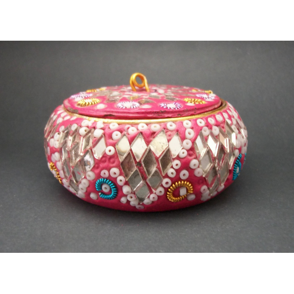 Vintage Pink Cut Mirrored Glass and Bead Trinket Box Made in India