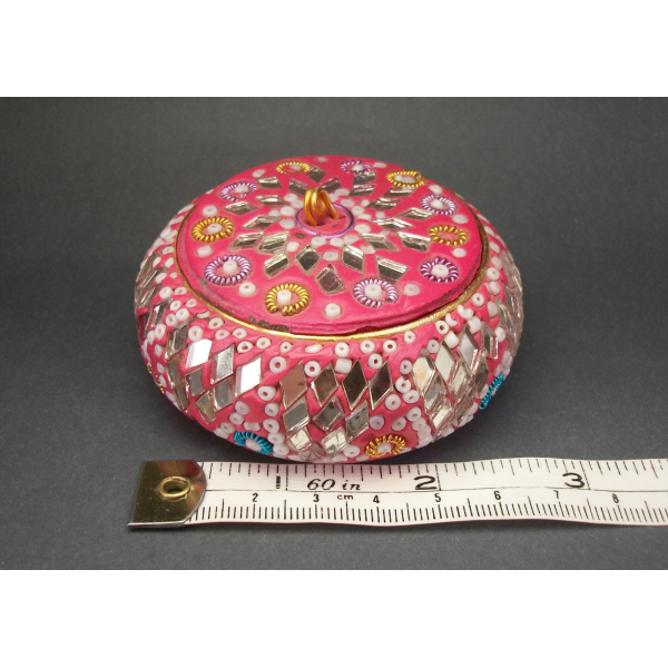 Vintage Pink Cut Mirrored Glass and Bead Trinket Box Made in India