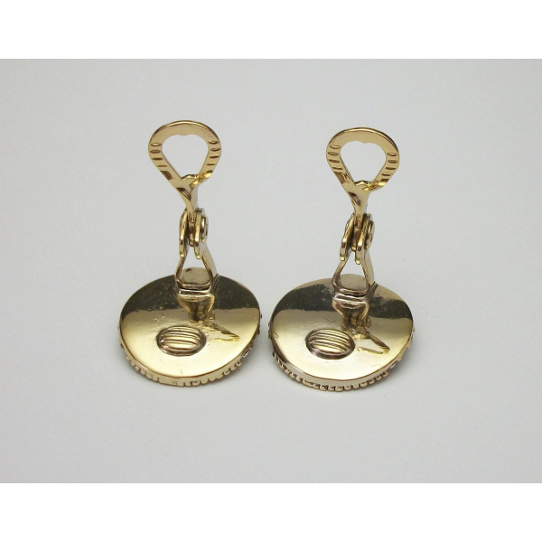 Vintage Monet Gold Disc Clip on Earrings with Clear Crystals